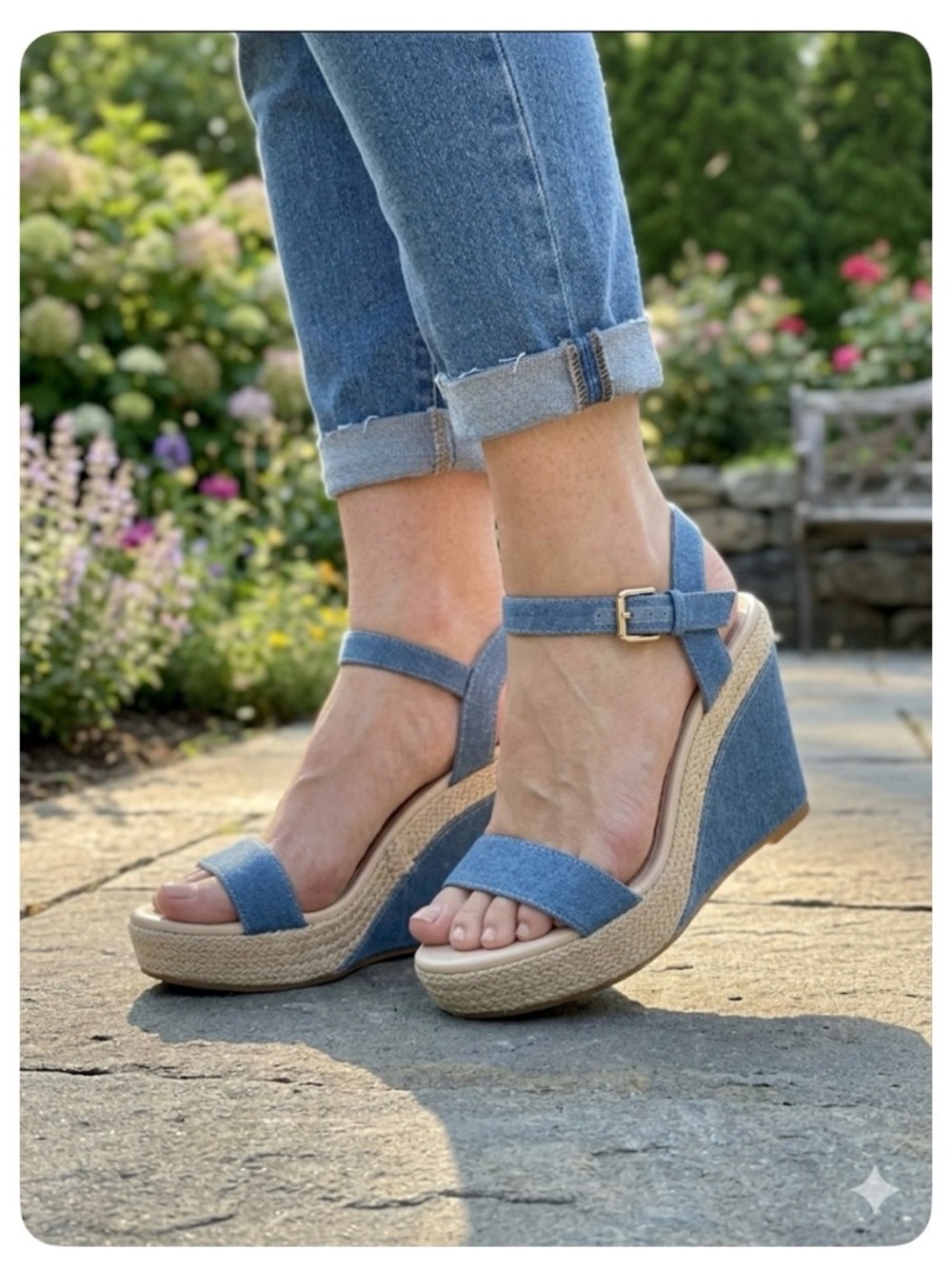 Denim Ankle Strap Espadrille Wedge Sandals, Women’s 6.5 EUR 37, Blue